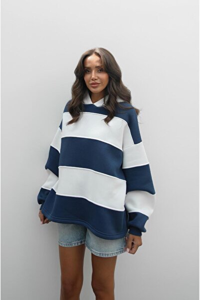 Havoş Námořnická modrá mikina s tlustými pruhy a žebrovaným vzorem