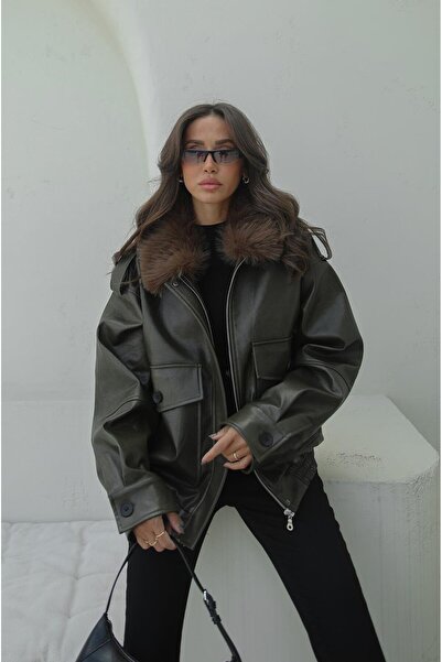 Havoş Δερμάτινο μπουφάν με λεπτομέρεια από χακί γούνα