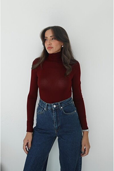 Havoş Burgundy High Neck Transparent Blouse