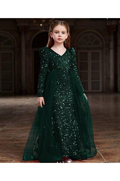 INDRESS STUDIO Kız Çocuk Abiye Uzun Kollu Payet Kuyruklu Elbise