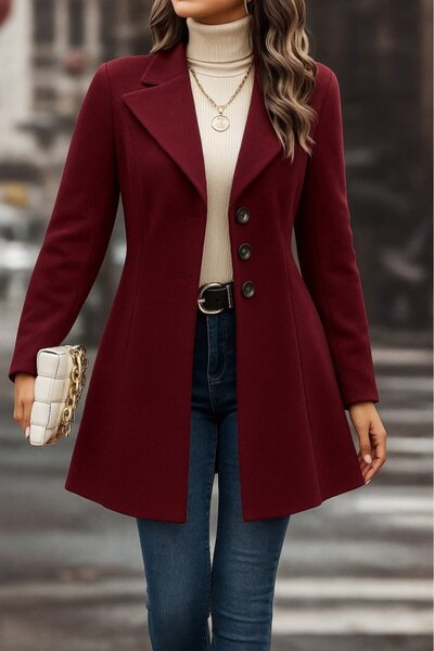 Gökyüzü Moda Women's Long Sleeve Lapel Front Button Short Cashew Coat