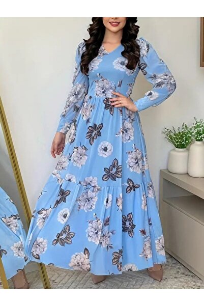 Bijuterria EQURİ Γυναικείο μακρυμάνικο φόρεμα με λαιμόκοψη σε σχήμα V με λουλουδάτο σχέδιο Maxi Single Jersey