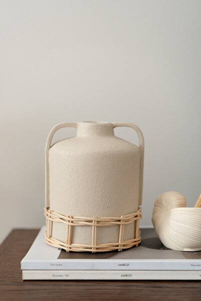 Dekorzdükkan TERRA Seramik Rattan Vazo - Çift Kulplu Rustik Tasarım