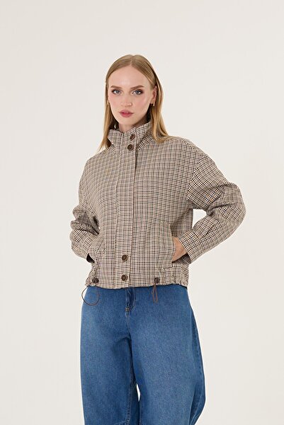 polle Kadın Bej Kareli Bomber Ceket