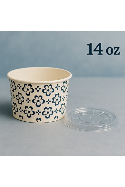 DAYNEX TOPTAN 14 Oz Karton Kağıt Aşure Çorba Tatlı Yemek Kasesi Kullan At Plastik Kapaklı(SIZDIRMAZ) 25 Adet