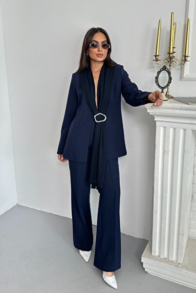 spirituel Set de îmbrăcăminte pentru femei, cu două piese, elegant, cu guler șal, cu cataramă, pantaloni largi