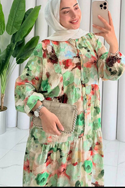 AYASOFYA OTANTIK Жіноча зелена кнопка з деталями, комір-стійка, квітковий візерунок, модальна тканина, довгі рукави, довга сукня