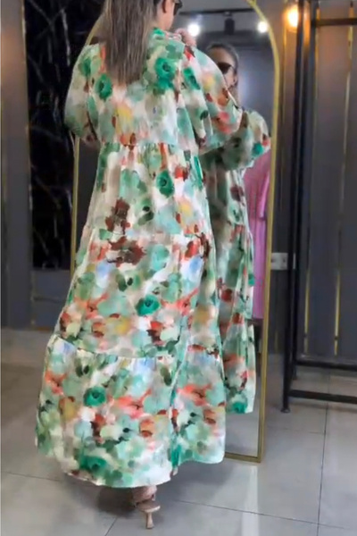 AYASOFYA OTANTIK Жіноча зелена кнопка з деталями, комір-стійка, квітковий візерунок, модальна тканина, довгі рукави, довга сукня