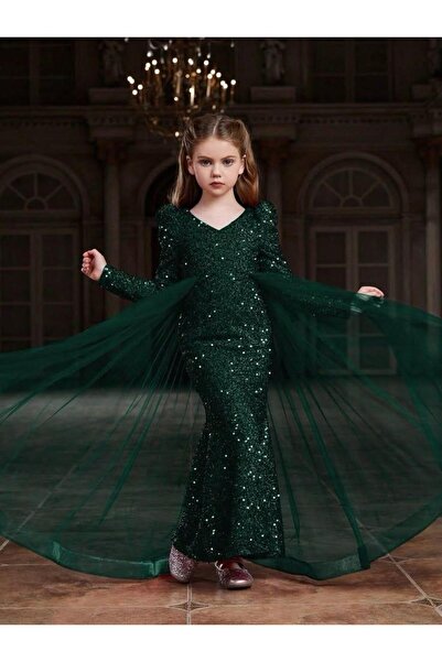 INDRESS STUDIO Kız Çocuk Abiye Uzun Kollu Payet Kuyruklu Elbise