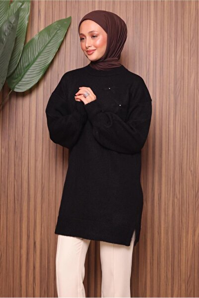 TRENDTESETTÜR Women's Black Stone-Detail Tricot Tunic t 1207