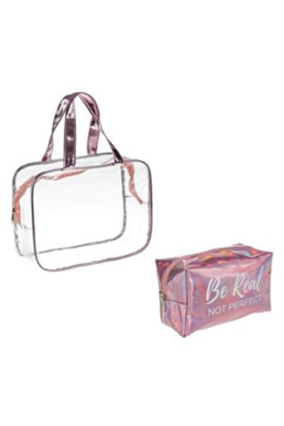 Jumbo Set Portfard Valiza Transparent Roz Irizat "Be Real Not Perfect" (2 Marimi) - 2 buc