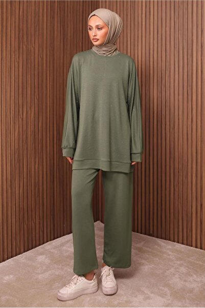 TRENDTESETTÜR Women's Green (Cagla) Stone Printed Pants Suit t 2535