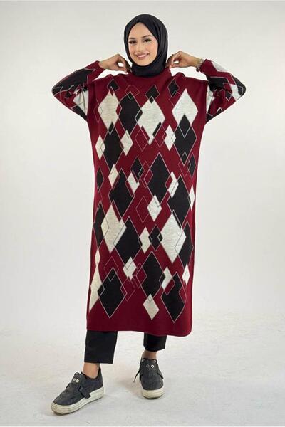 TRENDTESETTÜR Women's Burgundy Baklava Patterned Tunic t 61381