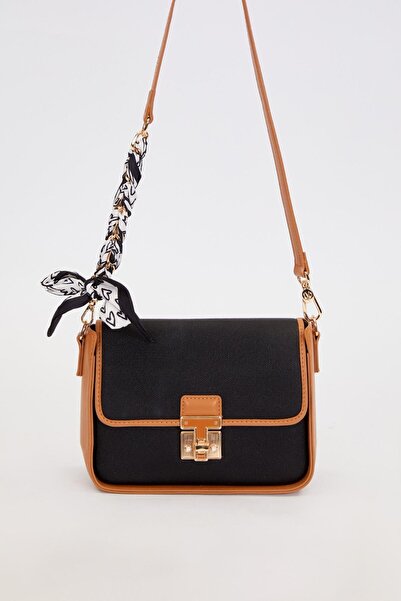 Levidor Black-Camel Shoulder Bag with Scarf Tie Detail