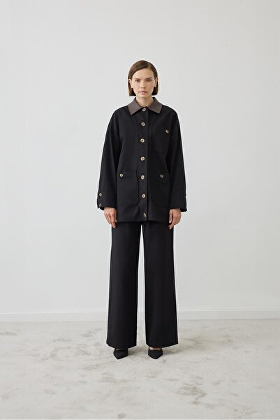 TERZİ DÜKKANI Ovel Leather Collar Detail Pants Suit Black