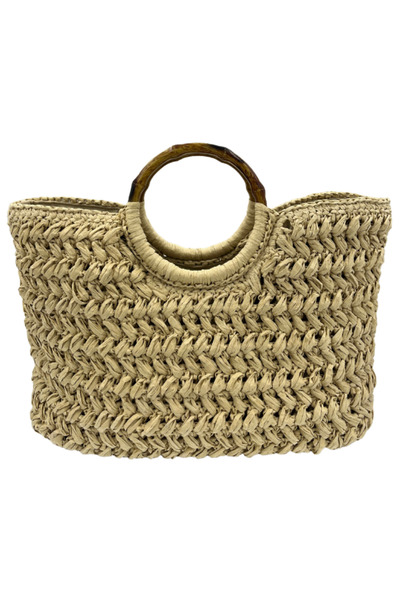 Wowolayn el örgüleri El Yapımı Kraft Rafya Çanta, Bambu Sap Detaylı