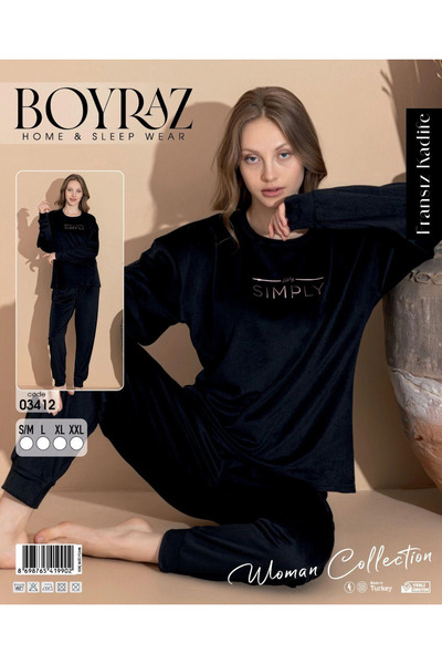 negok Boyraz 03412 Fransız Kadife Kumaş Uzun Kol Pijama Takımı