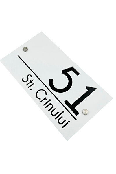 Adresa VIP NUMAR CASA PREMIUM - Alb Satinat Negru Lucios 2 Distantieri Argintii - 28x15cm