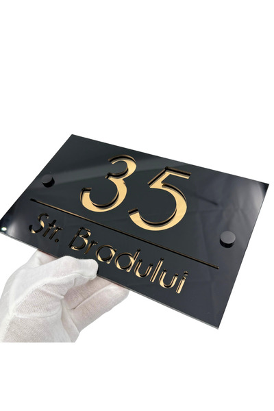 Adresa VIP NUMAR CASA PREMIUM - Negru Lucios Auriu Oglinda 2 Distantieri Negr...