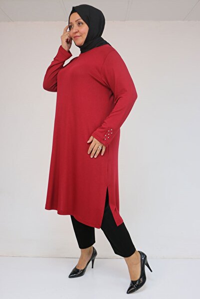 Eslina 58115 Plus Size Beyoğlu Detailed Strawberry Tunic with Sleeves - Burgundy