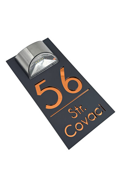 Adresa VIP NUMAR CASA PREMIUM - Gri Satinat Cupru Oglinda Lampa Solara - 30x15cm