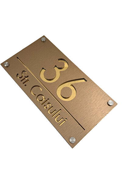 Adresa VIP NUMAR CASA PREMIUM - Aluminiu Periat Bronz Auriu Oglinda 4 Distantieri Argintii - 28x15cm