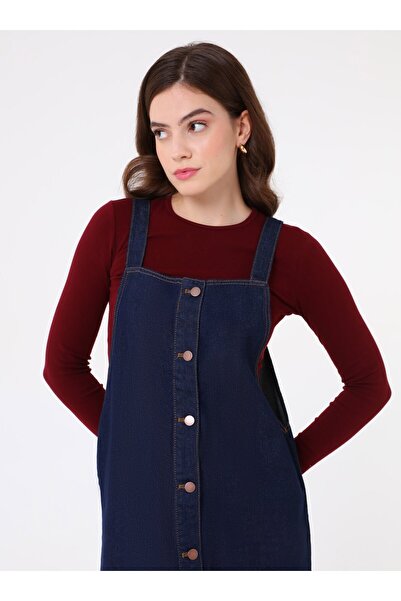 Benin Pamuklu Denim Önden Metal Düğmeli, Askılı, Uzun Boy Denim Jile Elbise - Koyu mavi -