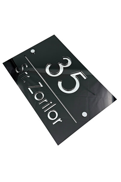 Adresa VIP NUMAR CASA PREMIUM - Negru Lucios Argintiu Oglinda 2 Distantieri Argintii - 30x20cm