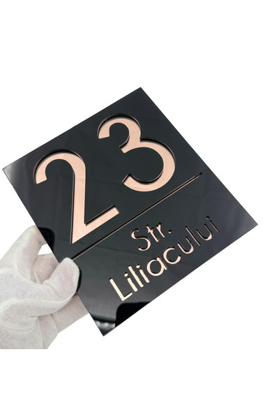 Adresa VIP PREMIUM HOUSE NUMBER - Glossy Black Rose Gold Mirror - 18x16cm