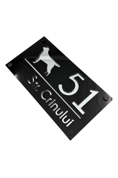 Adresa VIP NUMAR CASA PREMIUM - Negru Lucios Argintiu Oglinda 4 Distantieri Negrii - 28x15cm