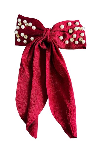 TAKIŞTIR مشبك آلي بتفاصيل اللؤلؤ والأحجار الكريمة مع شريط أحمر اللون