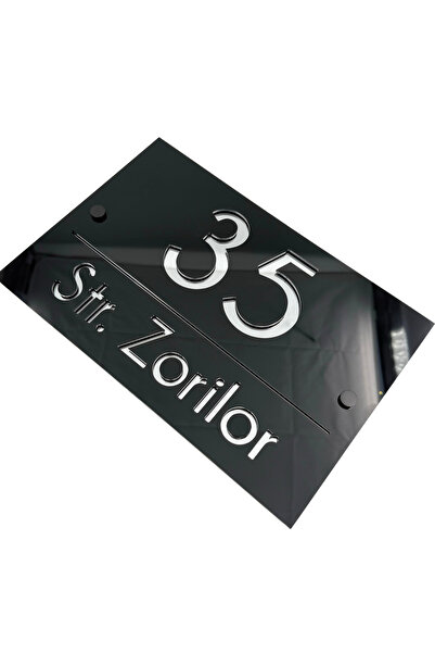 Adresa VIP NUMAR CASA PREMIUM - Negru Lucios Argintiu Oglinda 2 Distantieri N...