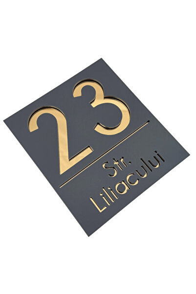 Adresa VIP NUMAR CASA PREMIUM - Gri Satinat Auriu Oglinda - 18x16cm