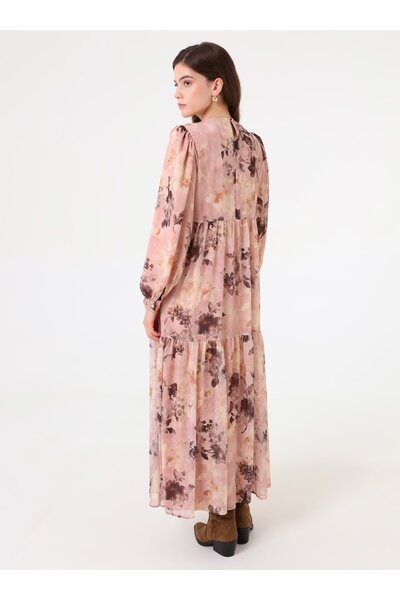 Benin Φόρεμα Hijab με μανίκια από ύφασμα σιφόν με λουλουδάτο σχέδιο - Πούδρα -