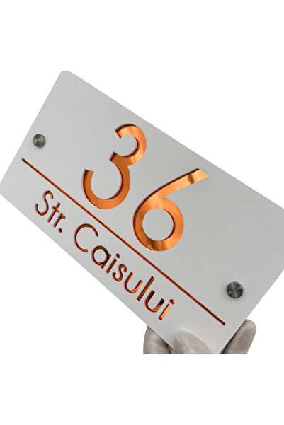 Adresa VIP NUMAR CASA PREMIUM - Alb Satinat Cupru Oglinda 2 Distantieri Argin...