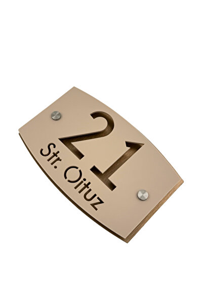 Adresa VIP NUMAR CASA PREMIUM - Crem Satinat Aluminiu Bronz Periat 2 Distantieri Argintii - 20x13cm