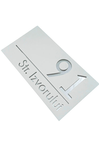 Adresa VIP NUMAR CASA PREMIUM - Alb Satinat Argintiu Oglinda - 28x15cm