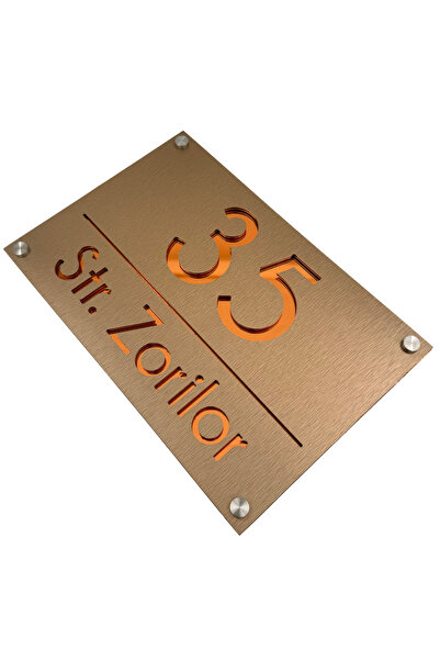 Adresa VIP NUMAR CASA PREMIUM - Aluminiu Periat Bronz Cupru Oglinda 4 Distantieri Argintii - 30x20cm