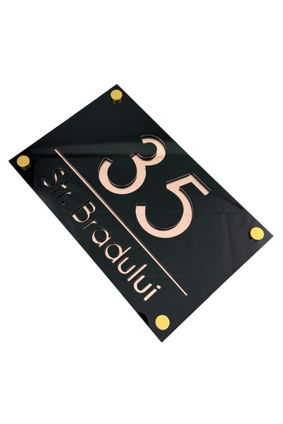 Adresa VIP NUMAR CASA PREMIUM - Negru Lucios Roze Auriu Oglinda 4 Distantieri...