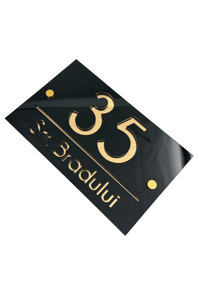 Adresa VIP NUMAR CASA PREMIUM - Negru Lucios Auriu Oglinda 2 Distantieri Aurii - 24x15cm