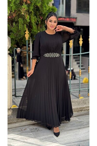 live forever Büyük Beden Pileli Şifon Abiye Elbise – Volan Kol, Uzun Boy, Bro...