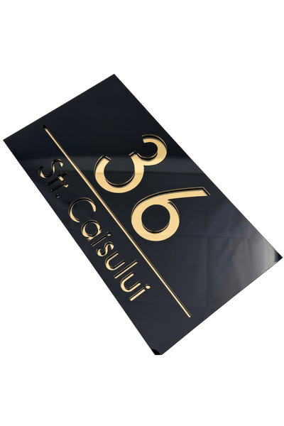 Adresa VIP NUMAR CASA PREMIUM - Negru Lucios Auriu Oglinda - 28x15cm