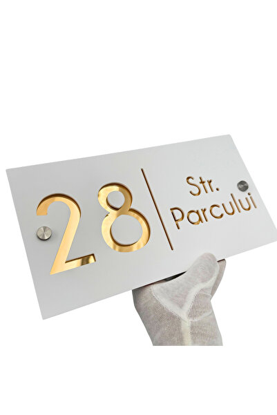 Adresa VIP NUMAR CASA PREMIUM - Alb Satinat Auriu Oglinda 2 Distantieri Argin...