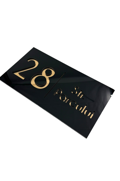 Adresa VIP NUMAR CASA PREMIUM - Negru Lucios Auriu Oglinda - 28x15cm