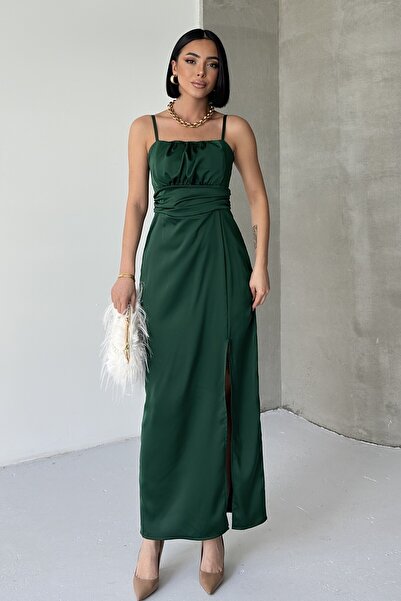 ALFUDO Moda Collection İnce Askılı Göğüs Drapeli Saten Zümrüt Elbise