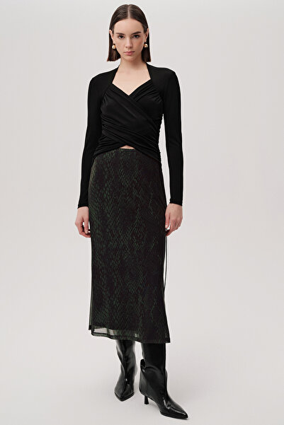 Exquise Yılan Desenli Slim Fit Tül Midi Yeşil Etek
