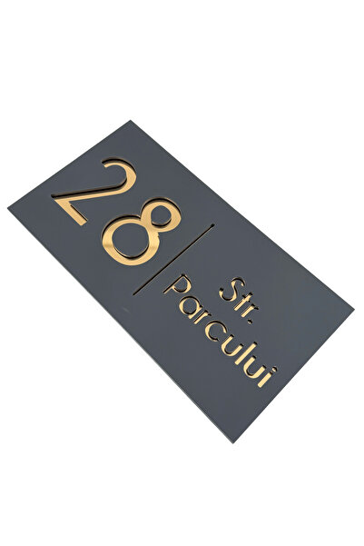 Adresa VIP NUMAR CASA PREMIUM - Gri Satinat Auriu Oglinda - 28x15cm