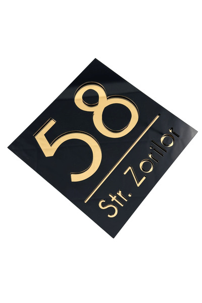 Adresa VIP NUMAR CASA PREMIUM - Negru Lucios Auriu Oglinda - 17x17cm