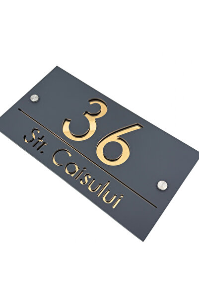 Adresa VIP NUMAR CASA PREMIUM - Gri Satinat Auriu Oglinda 2 Distantieri Argin...