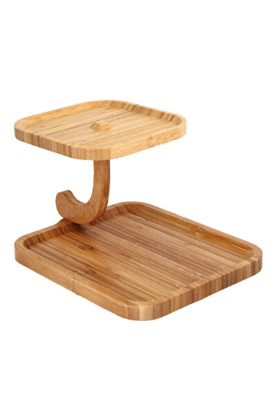 Raki Platou patrat pentru servire etajera din bambus cu 2 etaje 19x25x29cm